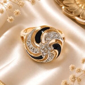 Vintage Gold Tone Black Enamel and Rhinestone Swirl Fashion Ring Size 7 1/4